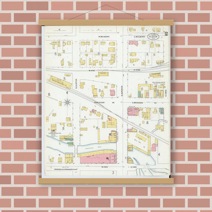 Old map wall art mockup — magnetic wood frame on brick wall — Sanborn Fire Insurance Map from Albion, Calhoun County, Michigan (1900), Sheet #0002