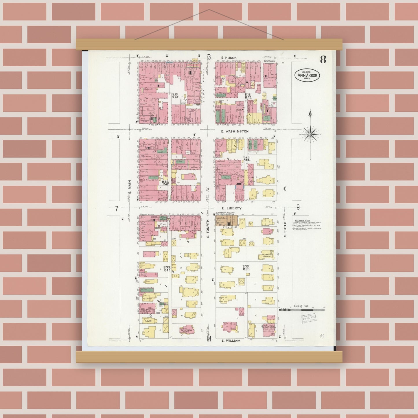 Old map wall art mockup — magnetic wood frame on brick wall — Sanborn Fire Insurance Map from Ann Arbor, Washtenaw County, Michigan (1908), Sheet #0008