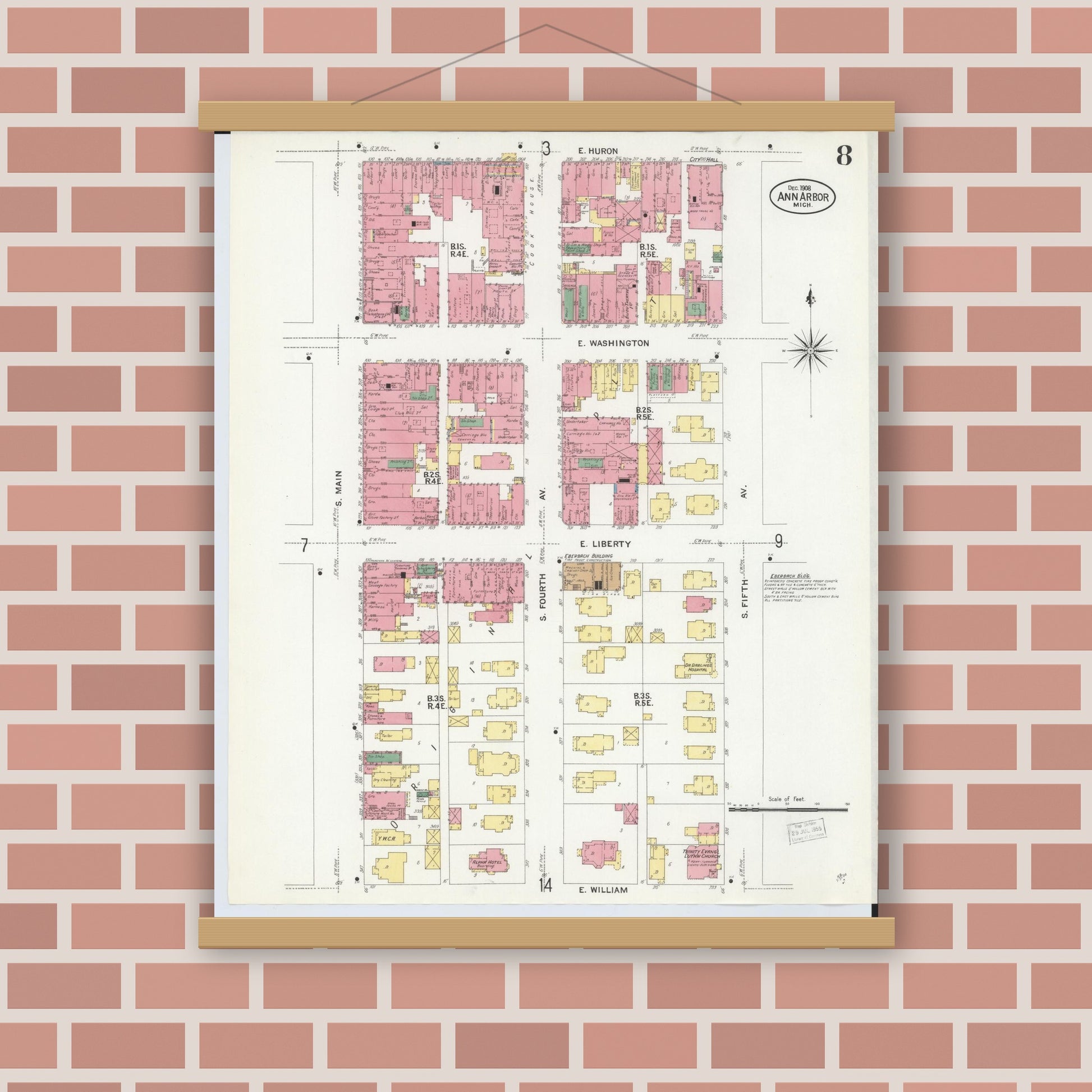 Old map wall art mockup — magnetic wood frame on brick wall — Sanborn Fire Insurance Map from Ann Arbor, Washtenaw County, Michigan (1908), Sheet #0008