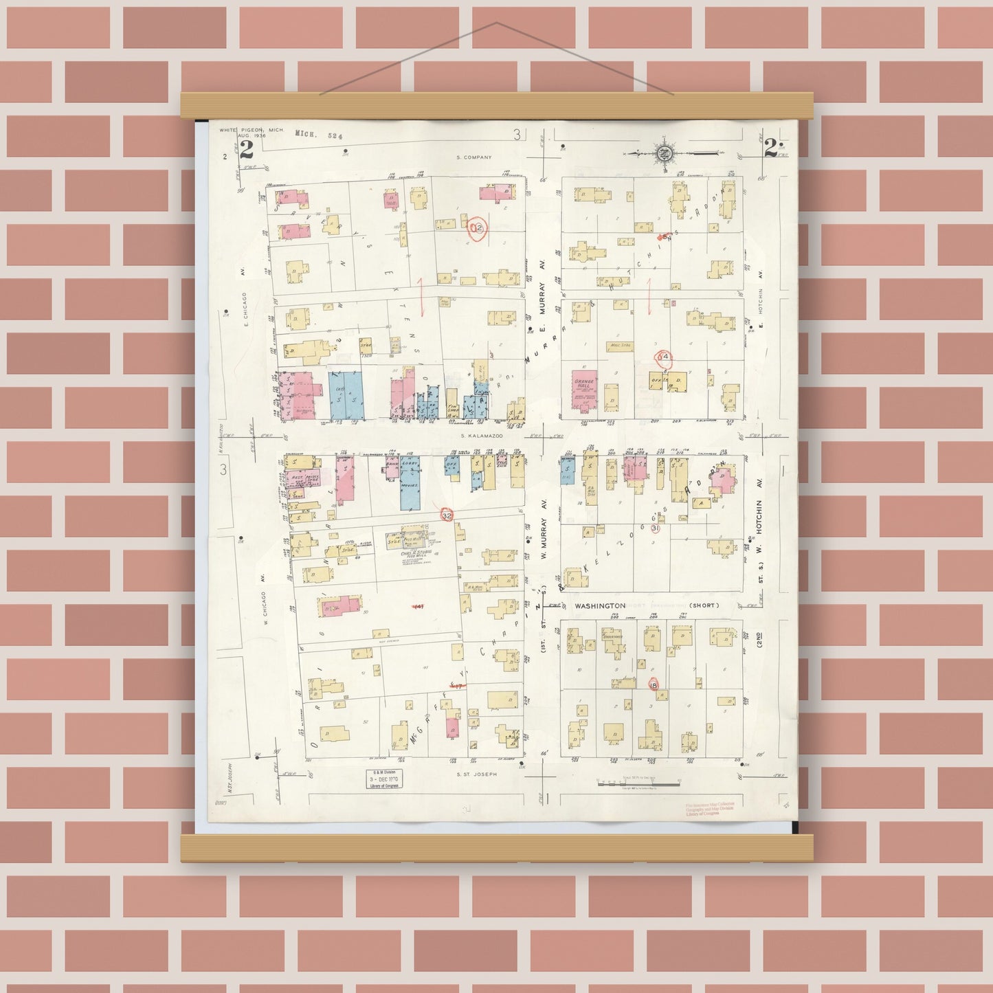 Old map wall art mockup — magnetic wood frame on brick wall — Sanborn Fire Insurance Map from White Pigeon, Saint Joseph County, Michigan (1954), Sheet #0002