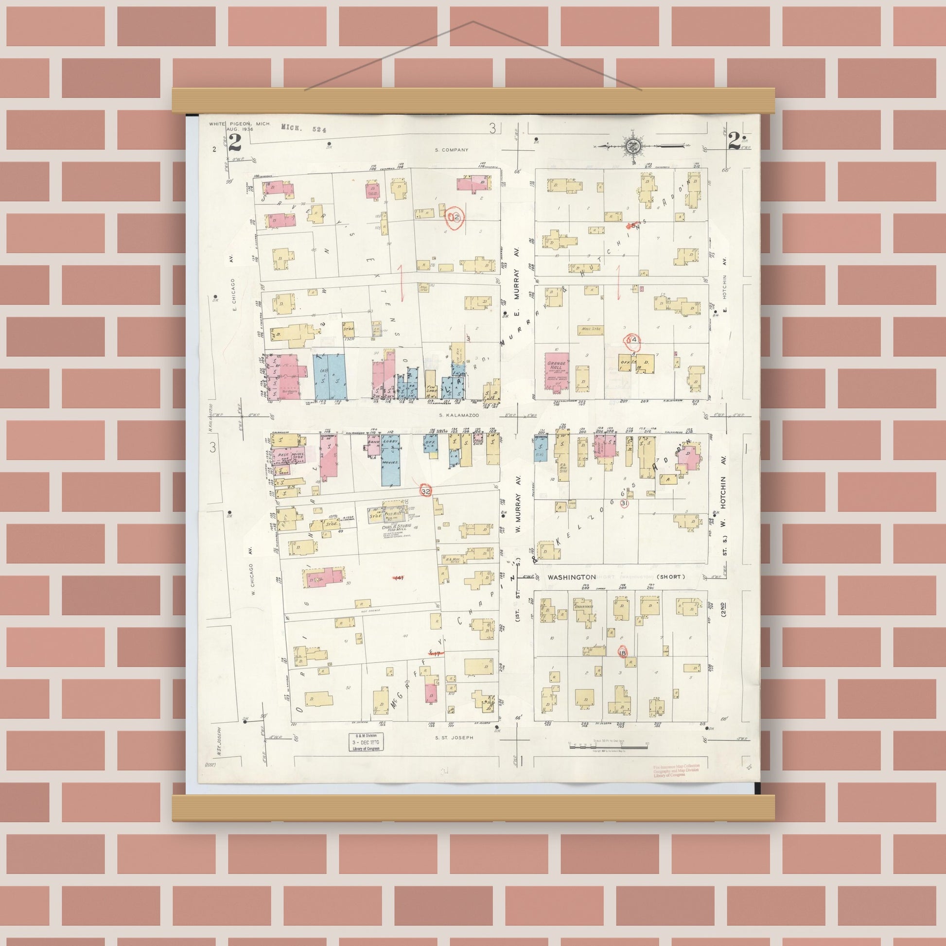 Old map wall art mockup — magnetic wood frame on brick wall — Sanborn Fire Insurance Map from White Pigeon, Saint Joseph County, Michigan (1954), Sheet #0002