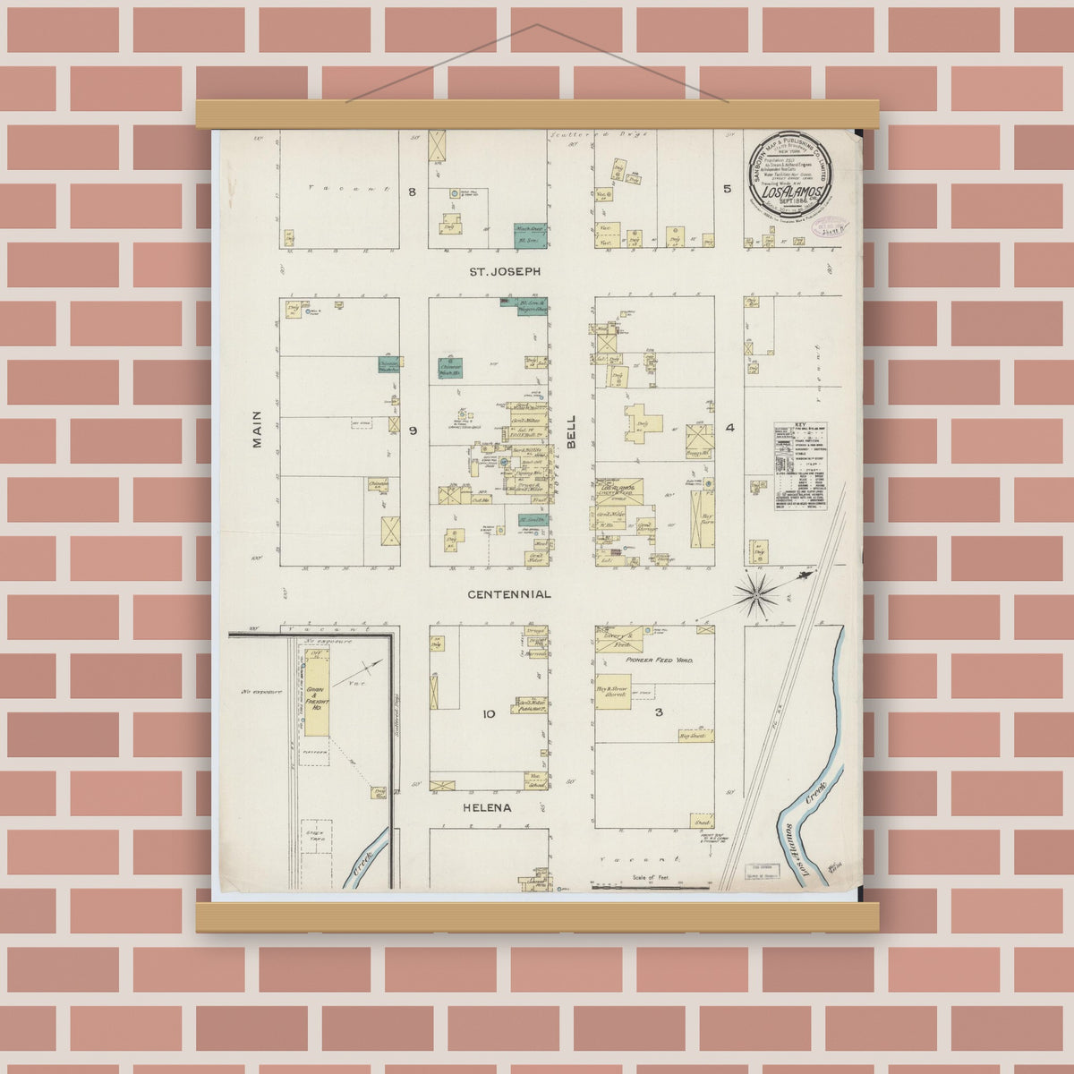 Old map wall art mockup — magnetic wood frame on brick wall — Sanborn Fire Insurance Map from Los Alamos, Santa Barbara County, California (1886), Sheet #0001