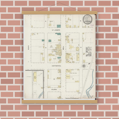 Old map wall art mockup — magnetic wood frame on brick wall — Sanborn Fire Insurance Map from Los Alamos, Santa Barbara County, California (1886), Sheet #0001