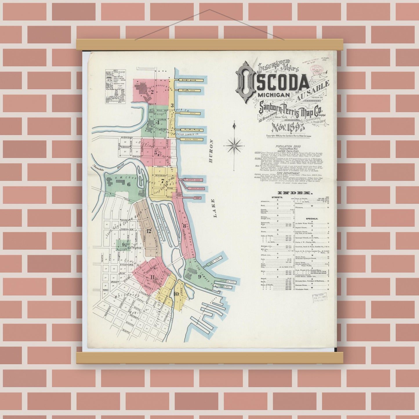 Old map wall art mockup — magnetic wood frame on brick wall — Sanborn Fire Insurance Map from Oscoda, Iosco County, Michigan (1895), Sheet #0001