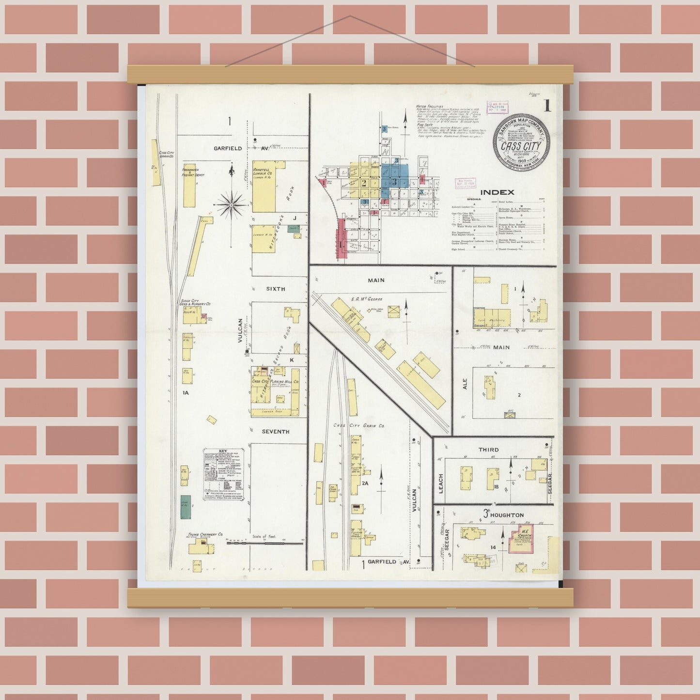 Old map wall art mockup — magnetic wood frame on brick wall — Sanborn Fire Insurance Map from Cass City, Tuscola County, Michigan (1909), Sheet #0001
