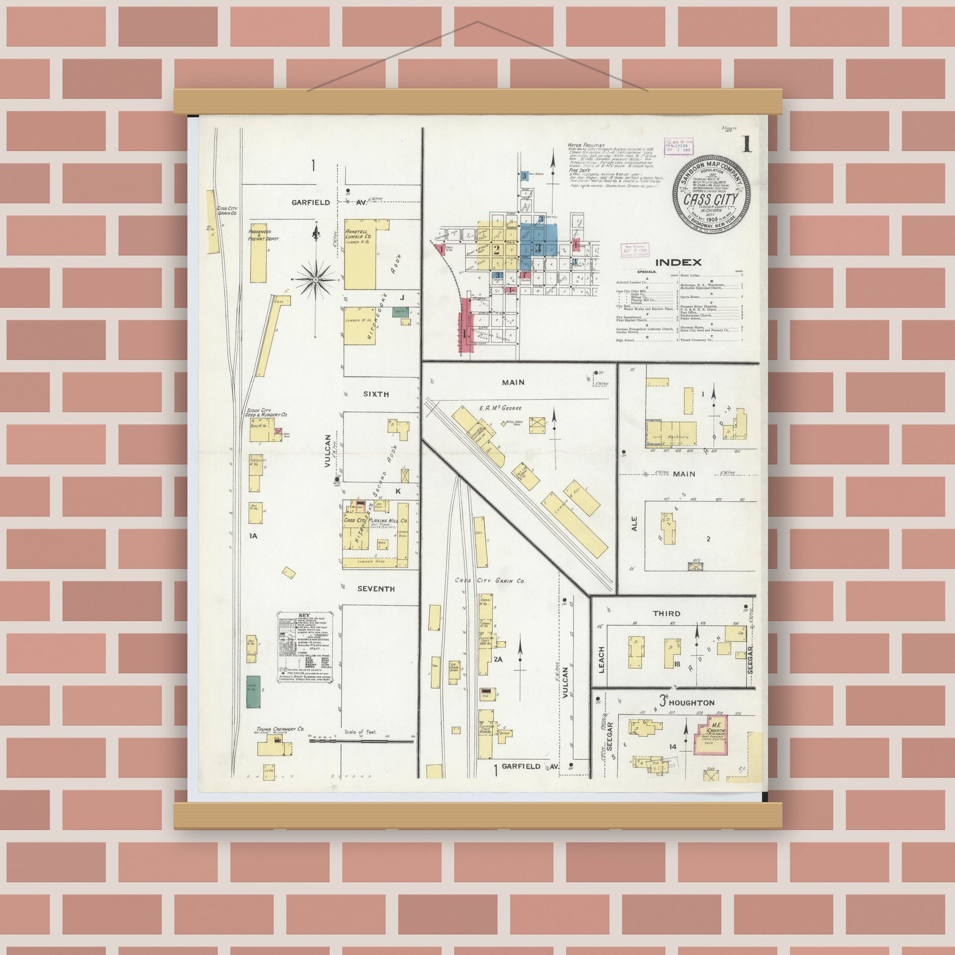 Old map wall art mockup — magnetic wood frame on brick wall — Sanborn Fire Insurance Map from Cass City, Tuscola County, Michigan (1909), Sheet #0001