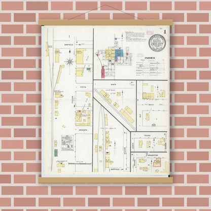 Old map wall art mockup — magnetic wood frame on brick wall — Sanborn Fire Insurance Map from Cass City, Tuscola County, Michigan (1909), Sheet #0001
