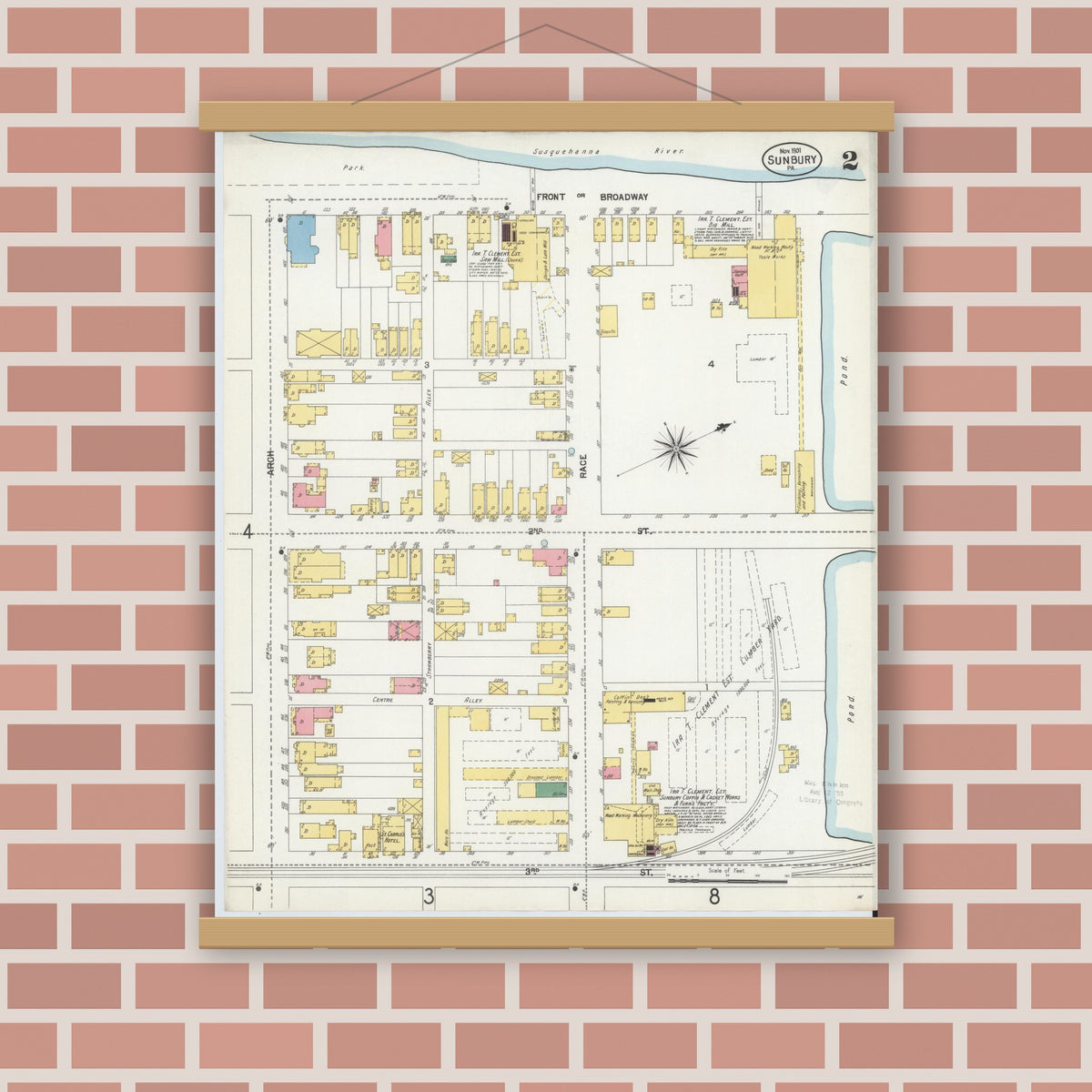 Old map wall art mockup — magnetic wood frame on brick wall — Sanborn Fire Insurance Map from Sunbury, Northumberland County, Pennsylvania (1901), Sheet #0002