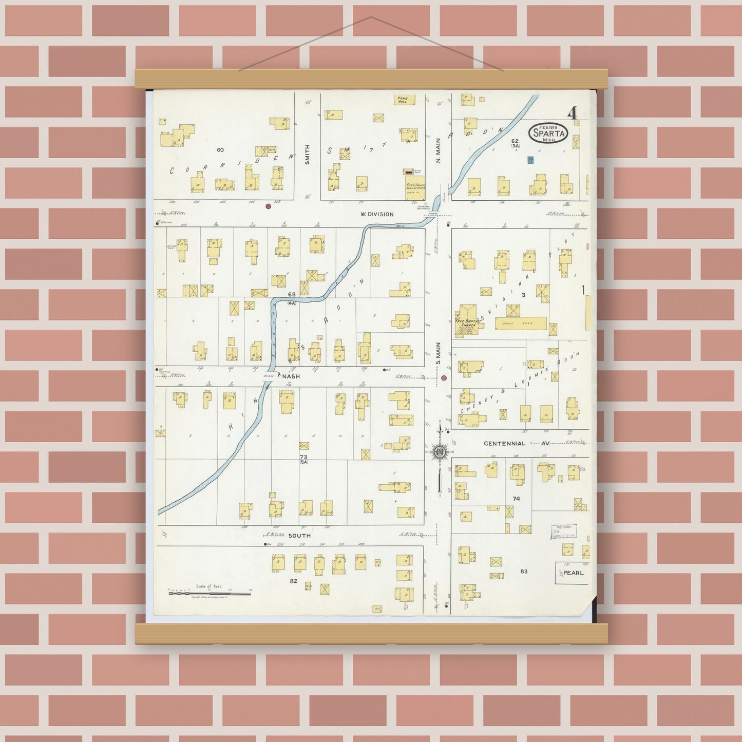 Old map wall art mockup — magnetic wood frame on brick wall — Sanborn Fire Insurance Map from Sparta, Kent County, Michigan (1918), Sheet #0004