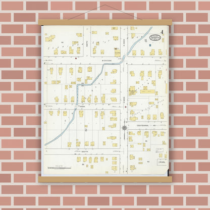 Old map wall art mockup — magnetic wood frame on brick wall — Sanborn Fire Insurance Map from Sparta, Kent County, Michigan (1918), Sheet #0004