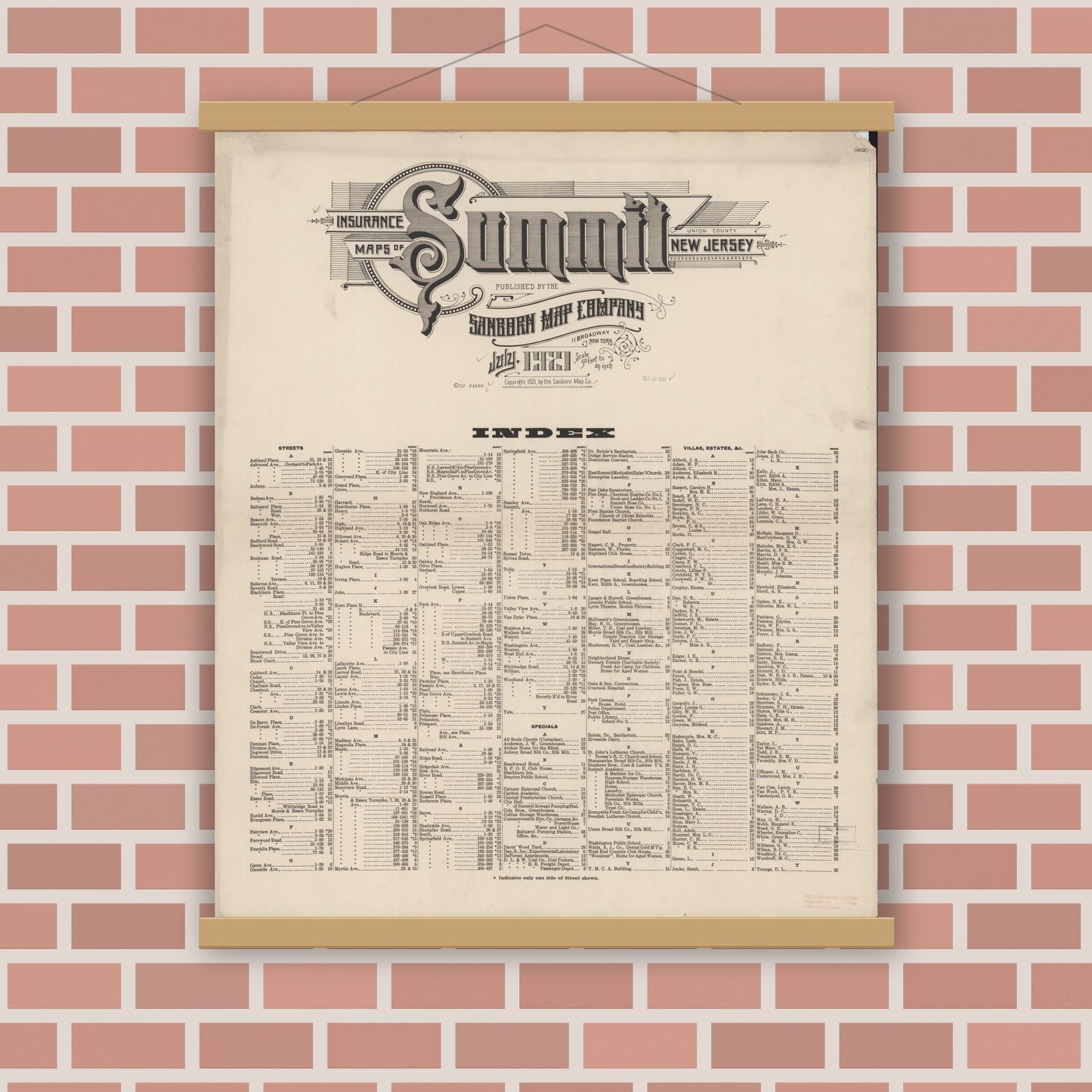 Old map wall art mockup — magnetic wood frame on brick wall — Sanborn Fire Insurance Map from Summit, Union County, New Jersey (1921), Sheet #0001