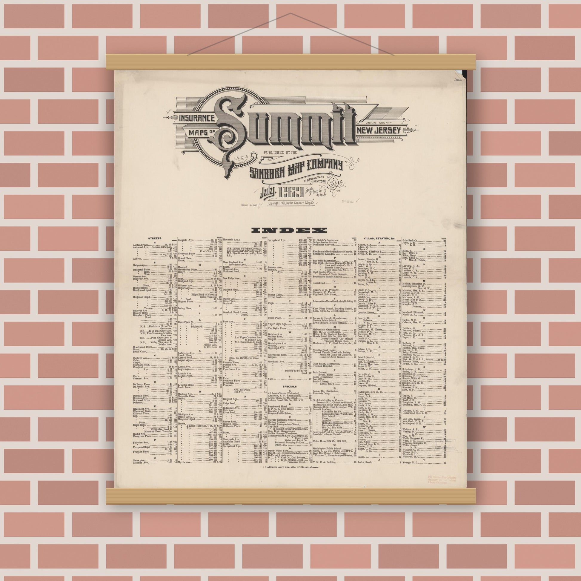 Old map wall art mockup — magnetic wood frame on brick wall — Sanborn Fire Insurance Map from Summit, Union County, New Jersey (1921), Sheet #0001