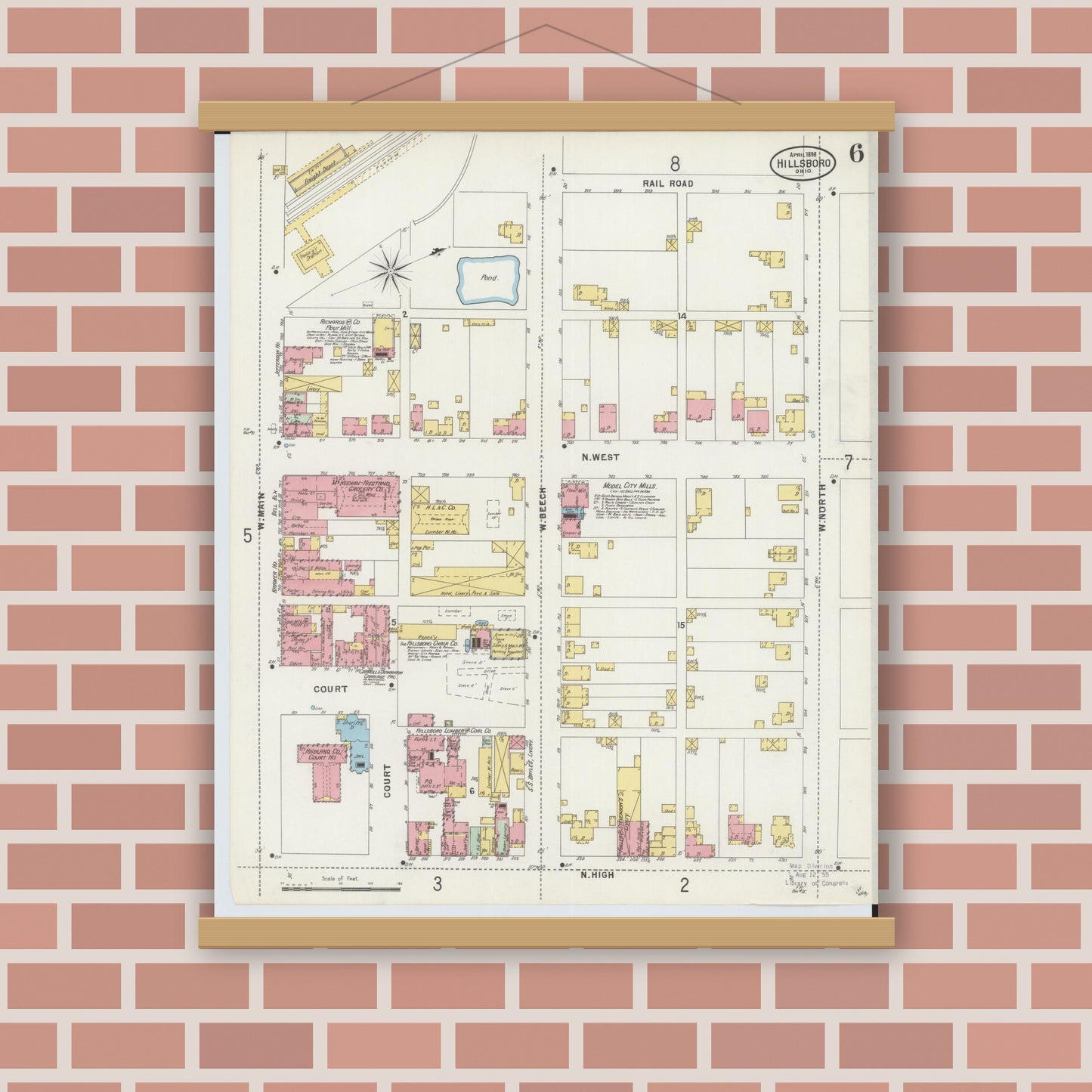 Old map wall art mockup — magnetic wood frame on brick wall — Sanborn Fire Insurance Map from Hillsboro, Highland County, Ohio (1898), Sheet #0006