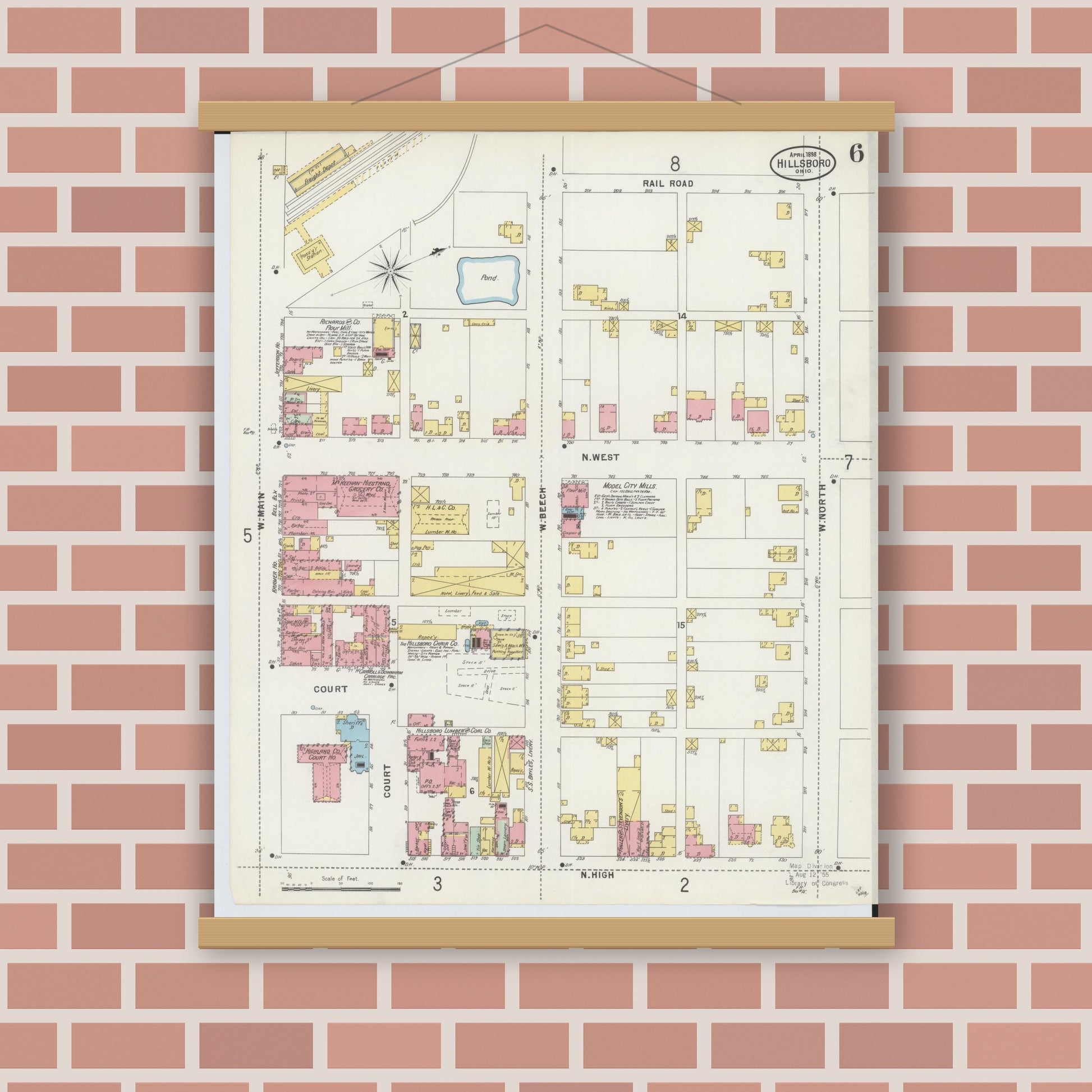 Old map wall art mockup — magnetic wood frame on brick wall — Sanborn Fire Insurance Map from Hillsboro, Highland County, Ohio (1898), Sheet #0006