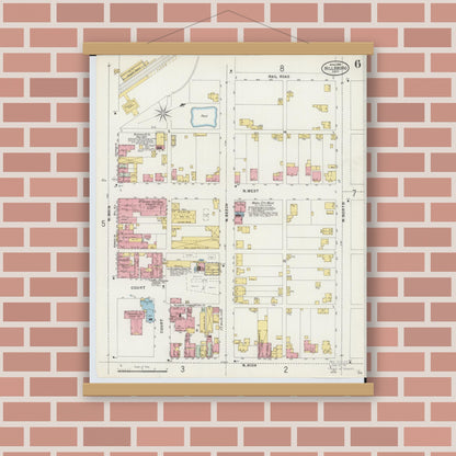 Old map wall art mockup — magnetic wood frame on brick wall — Sanborn Fire Insurance Map from Hillsboro, Highland County, Ohio (1898), Sheet #0006