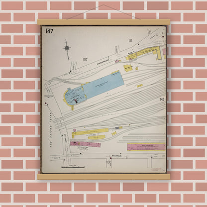 Old map wall art mockup — magnetic wood frame on brick wall — Sanborn Fire Insurance Map from Worcester, Worcester County, Massachusetts (1910), Sheet #0147