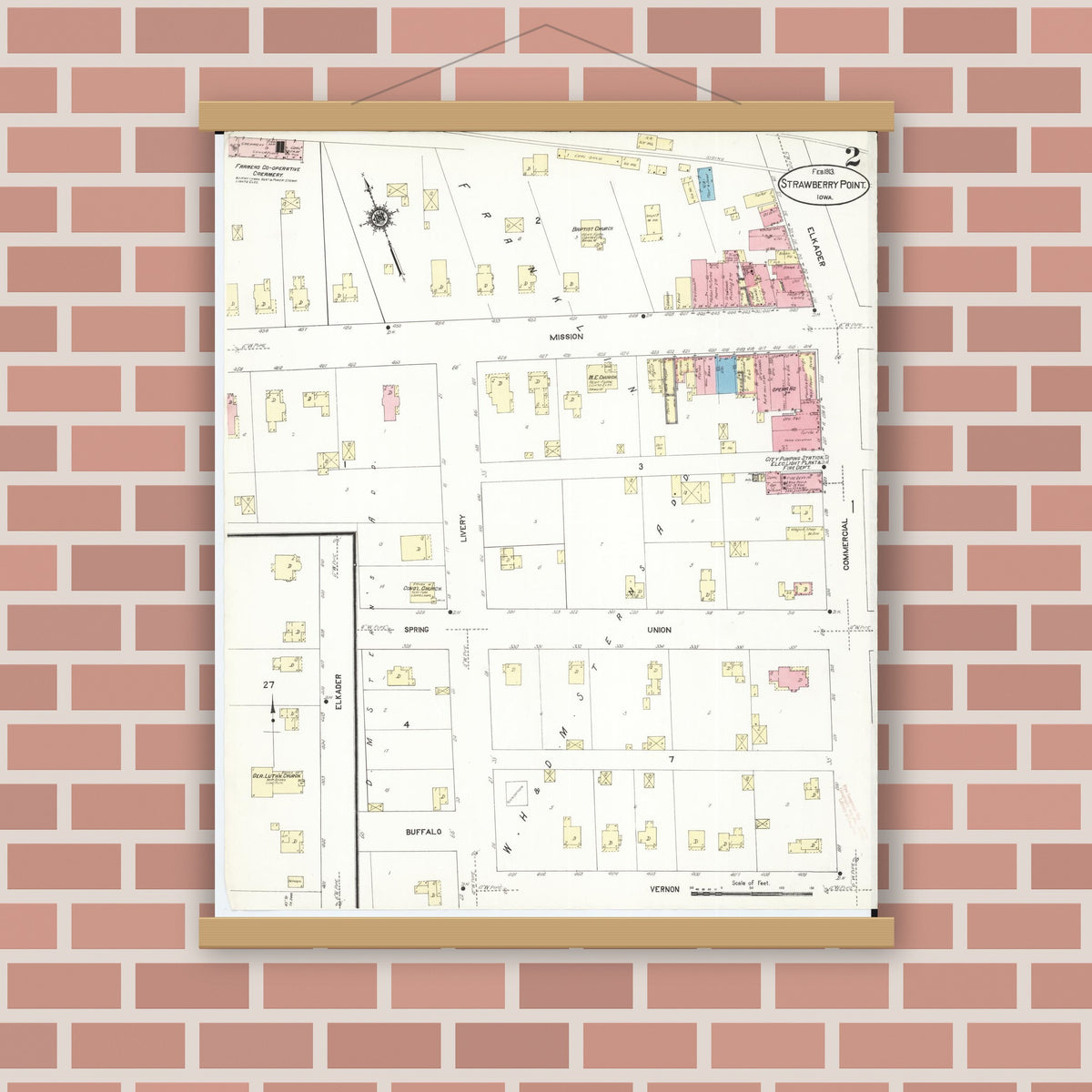Old map wall art mockup — magnetic wood frame on brick wall — Sanborn Fire Insurance Map from Strawberry Point, Clayton County, Iowa (1913), Sheet #0002