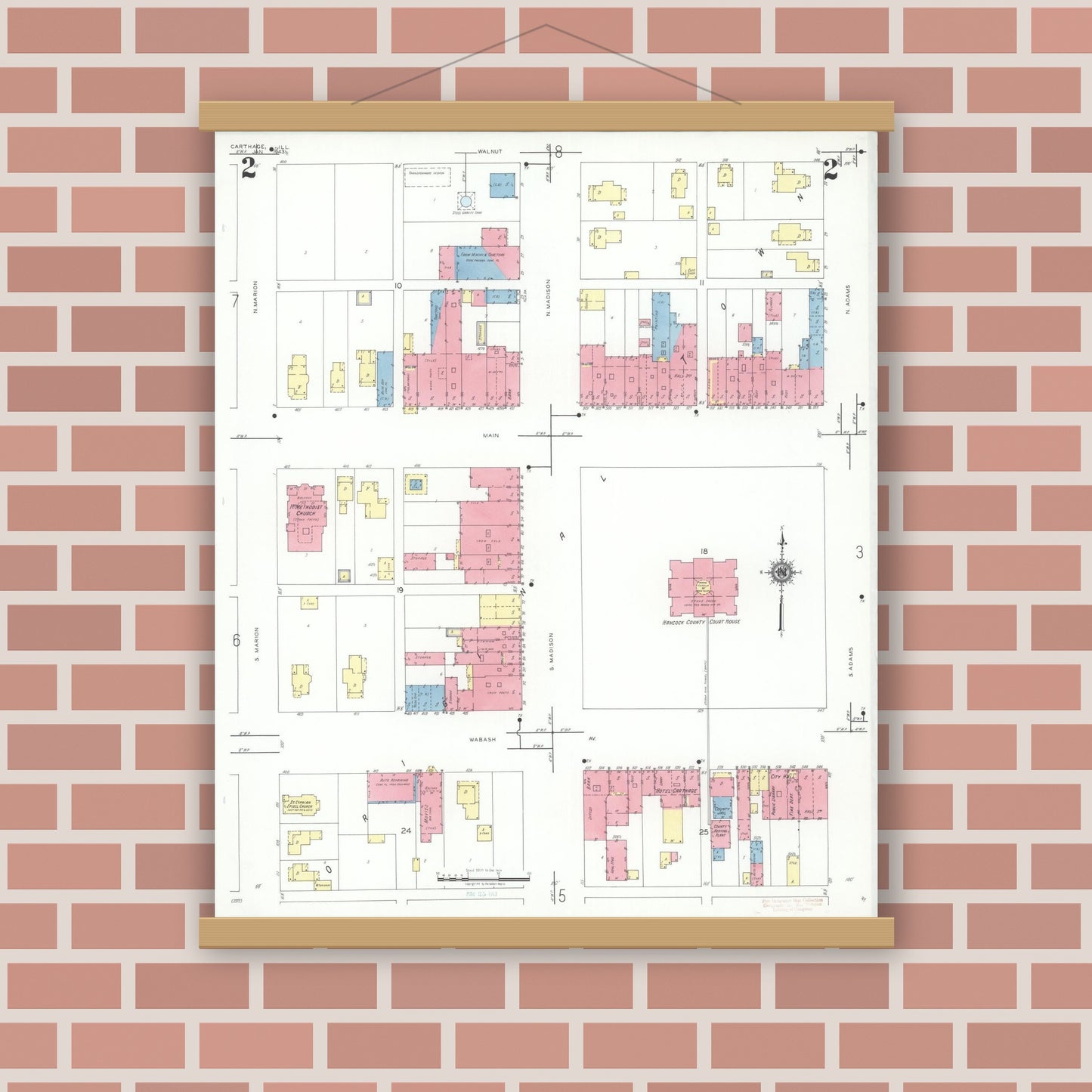 Old map wall art mockup — magnetic wood frame on brick wall — Sanborn Fire Insurance Map from Carthage, Hancock County, Illinois (1943), Sheet #0002