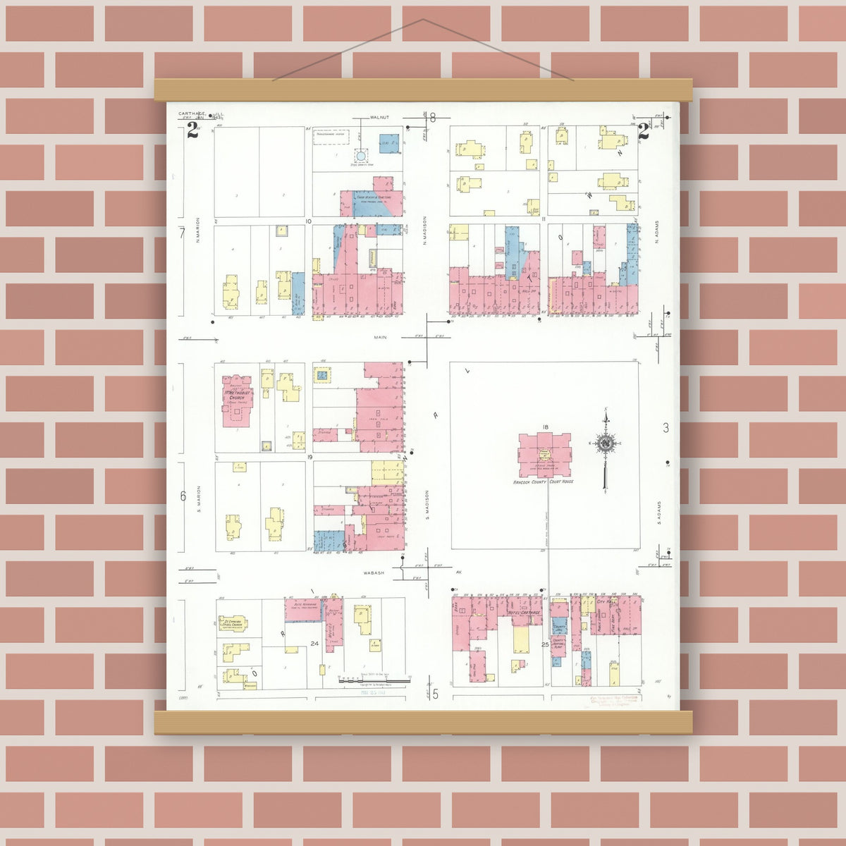 Old map wall art mockup — magnetic wood frame on brick wall — Sanborn Fire Insurance Map from Carthage, Hancock County, Illinois (1943), Sheet #0002