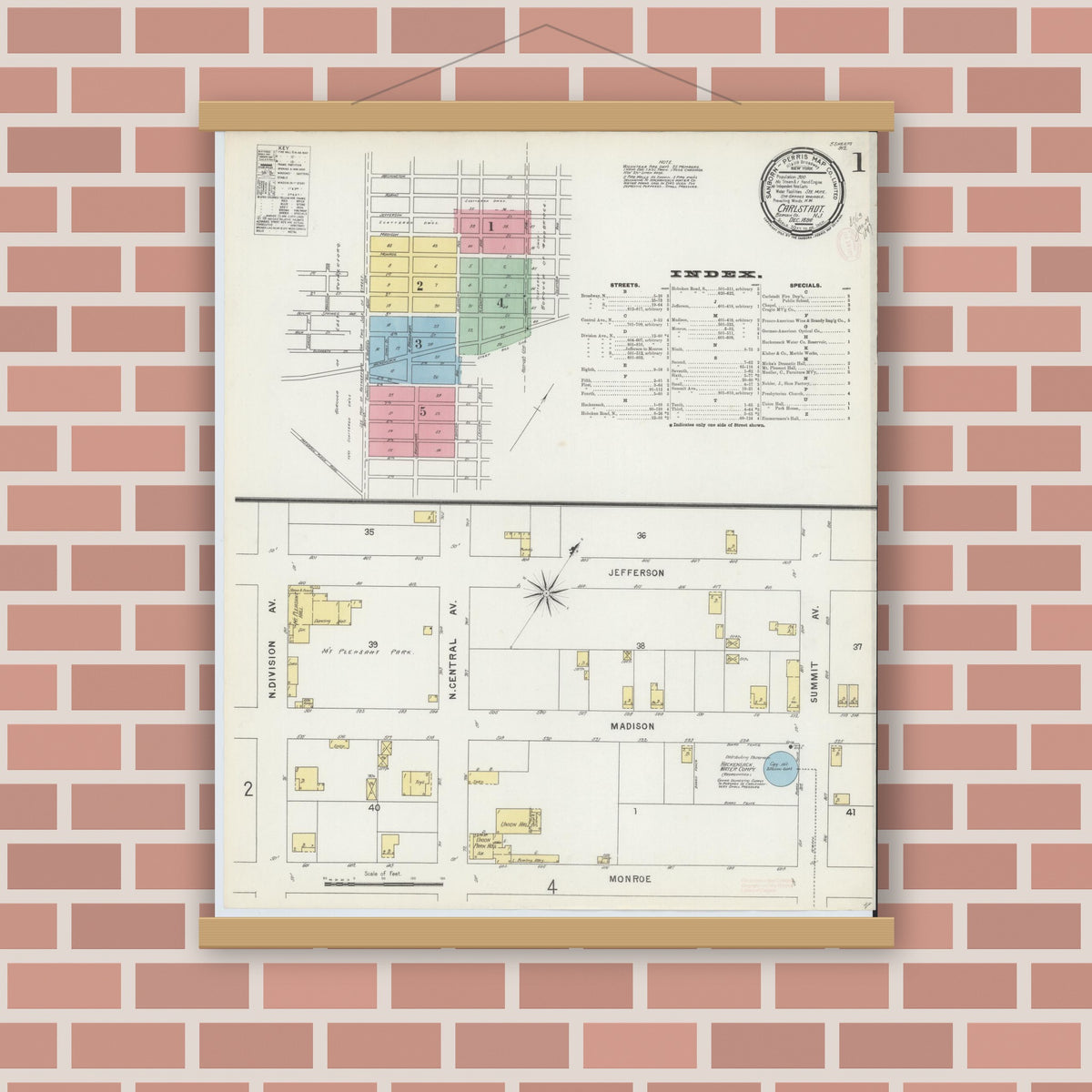 Old map wall art mockup — magnetic wood frame on brick wall — Sanborn Fire Insurance Map from Carlstadt, Bergen County, New Jersey (1896) - Complete Map Set