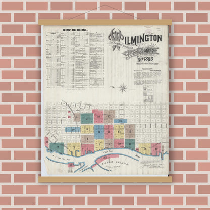 Old map wall art mockup — magnetic wood frame on brick wall — Sanborn Fire Insurance Map from Wilmington, New Hanover County, North Carolina (1893) - Complete Map Set