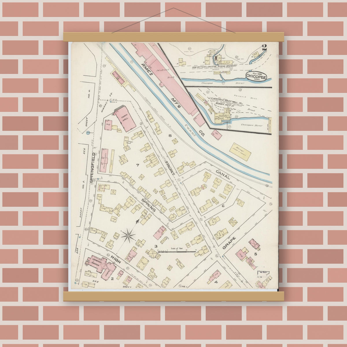 Old map wall art mockup — magnetic wood frame on brick wall — Sanborn Fire Insurance Map from Chicopee, Hampden County, Massachusetts (1885) - Complete Map Set