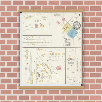 Old map wall art mockup — magnetic wood frame on brick wall — Sanborn Fire Insurance Map from Cadiz, Harrison County, Ohio (1892), Sheet #0001