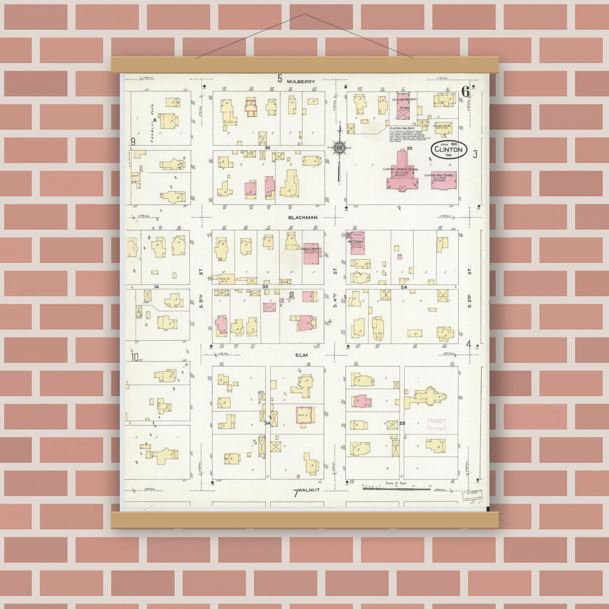Old map wall art mockup — magnetic wood frame on brick wall — Sanborn Fire Insurance Map from Clinton, Vermillion County, Indiana (1910), Sheet #0006