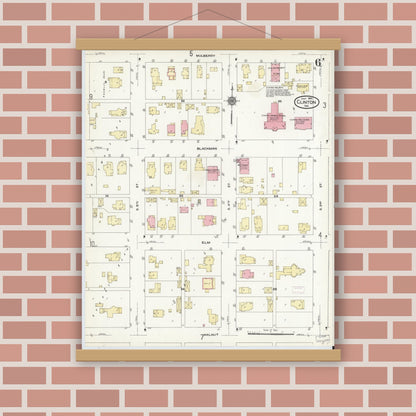 Old map wall art mockup — magnetic wood frame on brick wall — Sanborn Fire Insurance Map from Clinton, Vermillion County, Indiana (1910), Sheet #0006