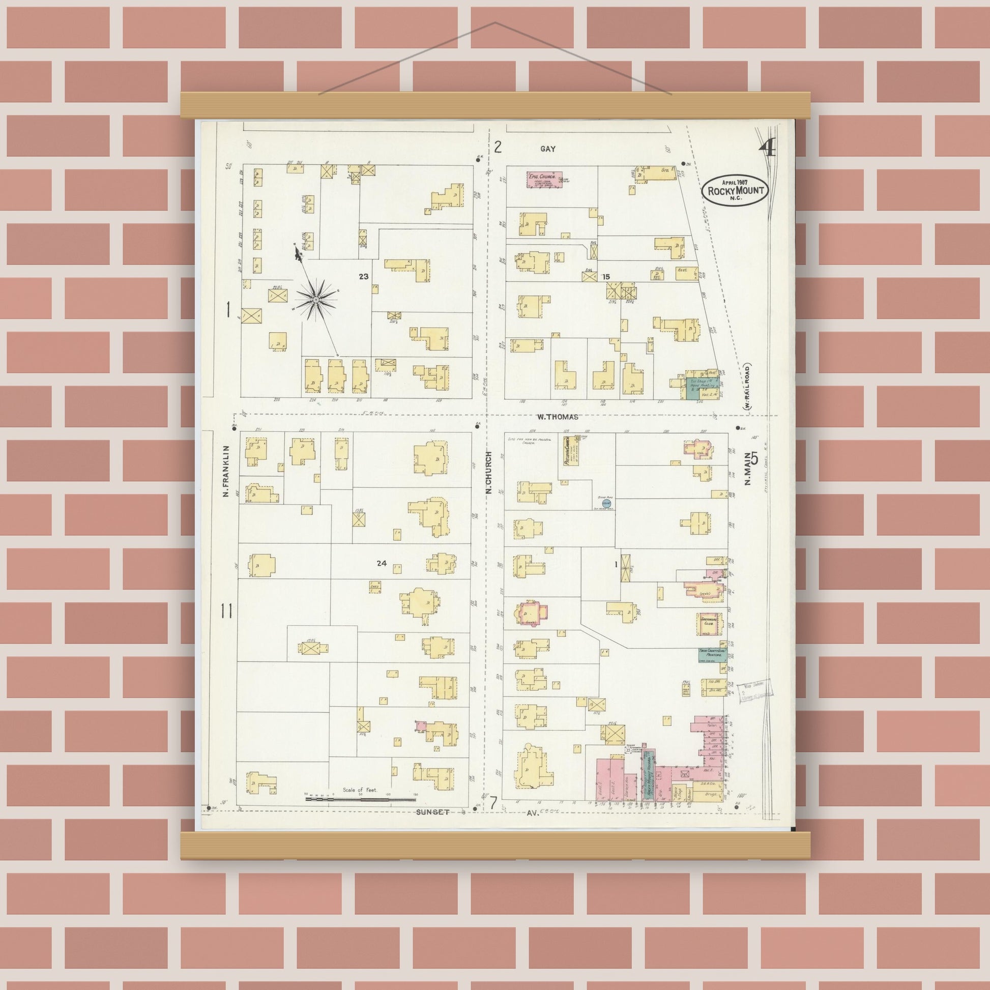 Old map wall art mockup — magnetic wood frame on brick wall — Sanborn Fire Insurance Map from Rocky Mount, Edgecombe And Nash Counties, North Carolina (1907), Sheet #0004