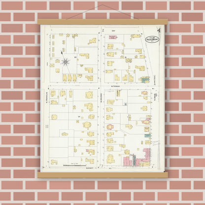 Old map wall art mockup — magnetic wood frame on brick wall — Sanborn Fire Insurance Map from Rocky Mount, Edgecombe And Nash Counties, North Carolina (1907), Sheet #0004