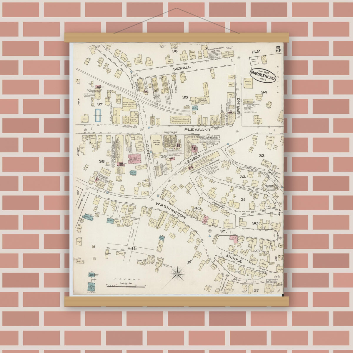 Old map wall art mockup — magnetic wood frame on brick wall — Sanborn Fire Insurance Map from Marblehead, Essex County, Massachusetts (1885), Sheet #0005