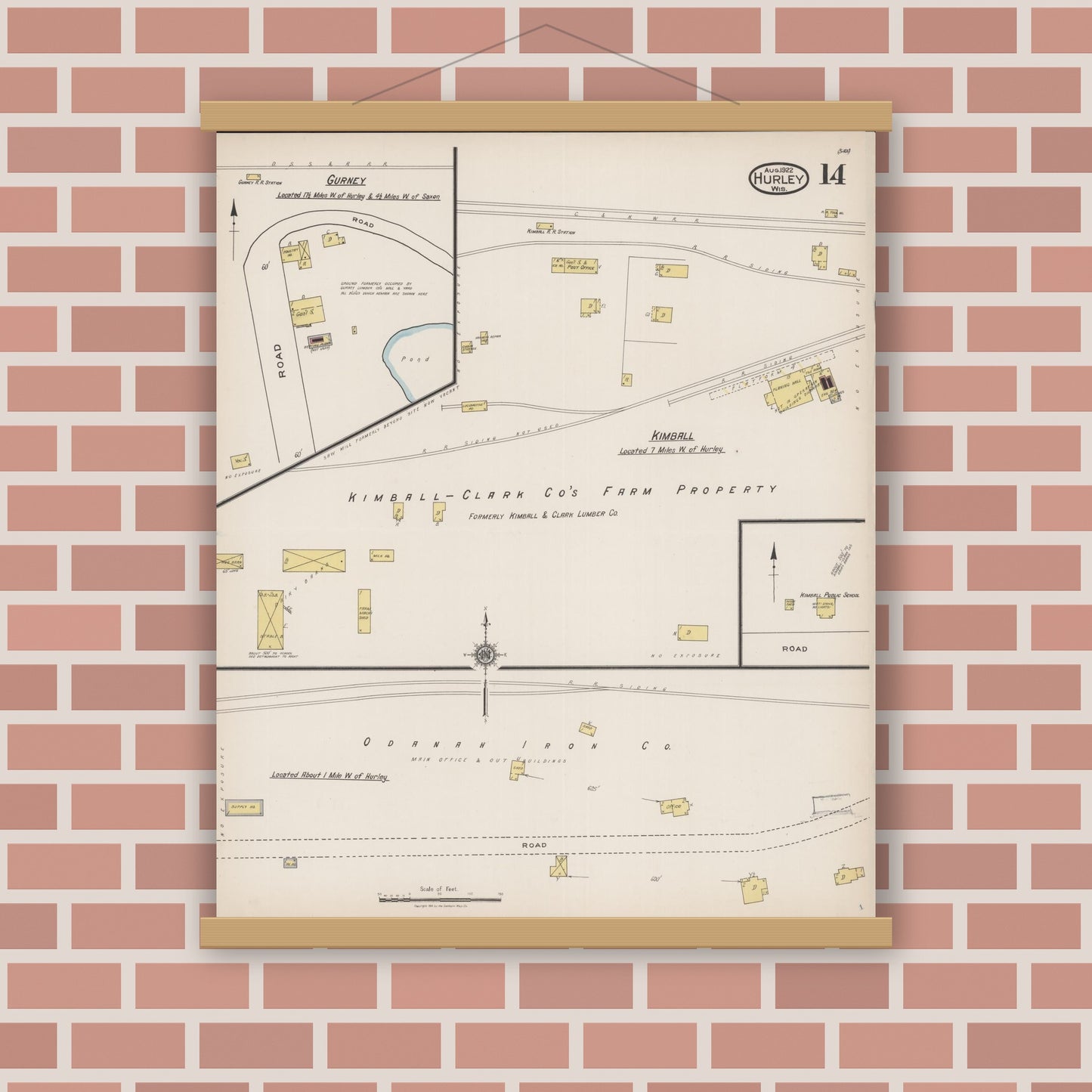 Old map wall art mockup — magnetic wood frame on brick wall — Sanborn Fire Insurance Map from Hurley, Iron County, Wisconsin (1922), Sheet #0014