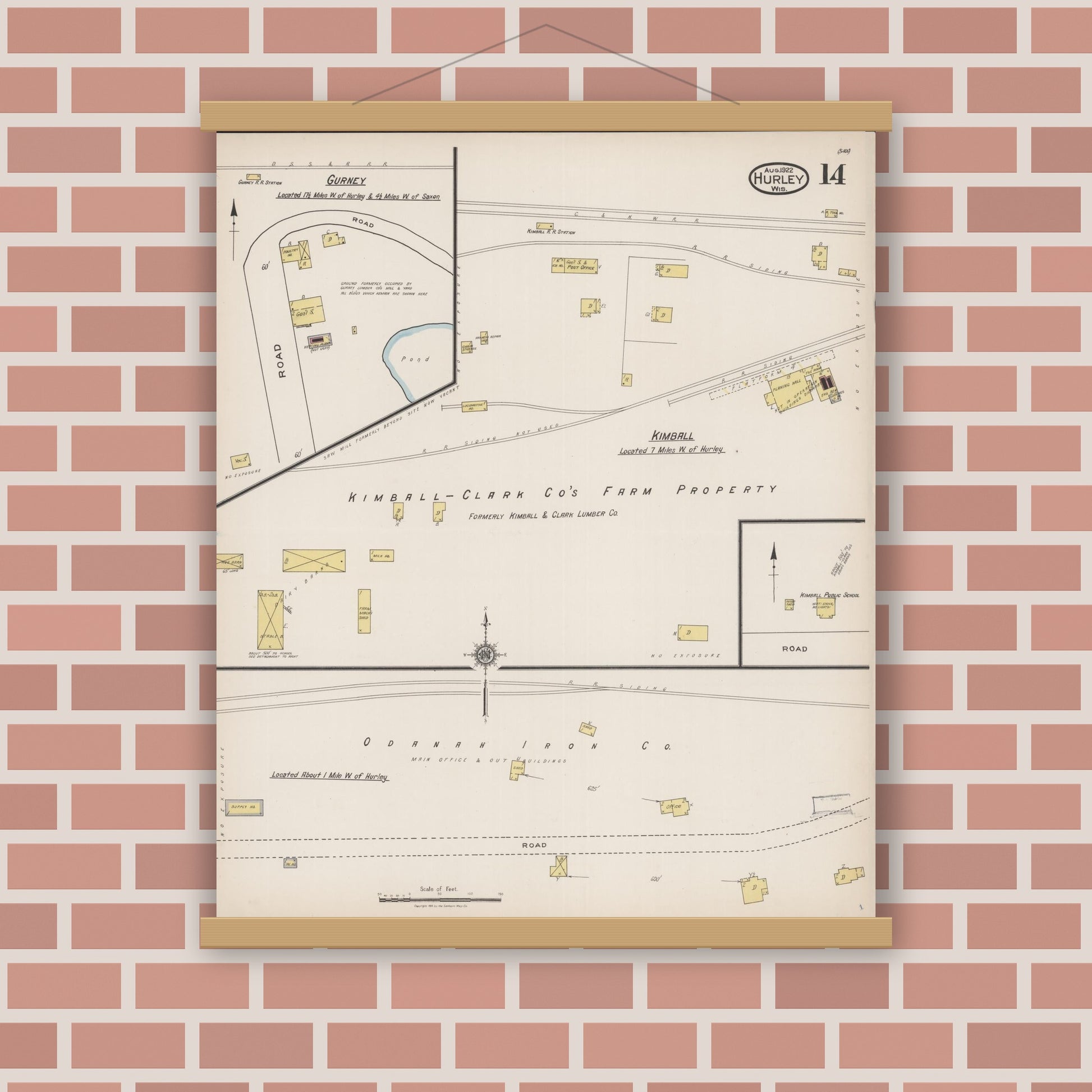 Old map wall art mockup — magnetic wood frame on brick wall — Sanborn Fire Insurance Map from Hurley, Iron County, Wisconsin (1922), Sheet #0014