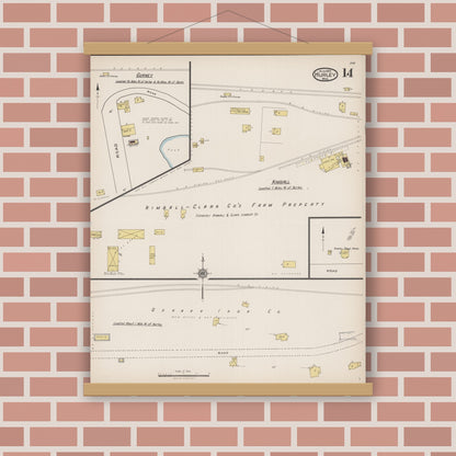 Old map wall art mockup — magnetic wood frame on brick wall — Sanborn Fire Insurance Map from Hurley, Iron County, Wisconsin (1922), Sheet #0014