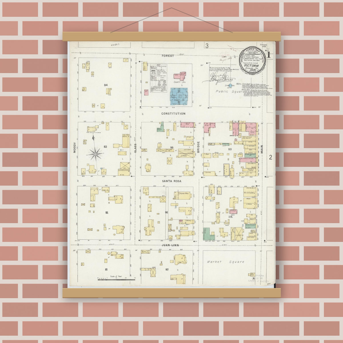 Old map wall art mockup — magnetic wood frame on brick wall — Sanborn Fire Insurance Map from Victoria, Victoria County, Texas (1896) - Complete Map Set