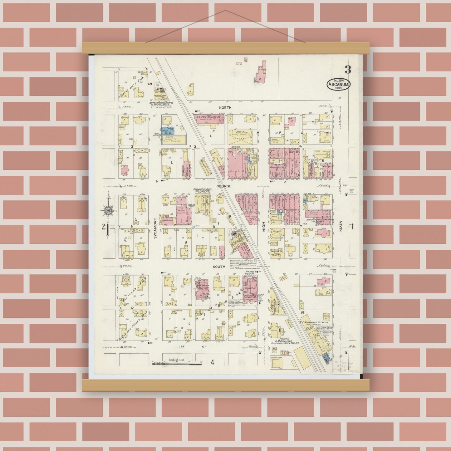 Old map wall art mockup — magnetic wood frame on brick wall — Sanborn Fire Insurance Map from Arcanum, Darke County, Ohio (1914), Sheet #0003
