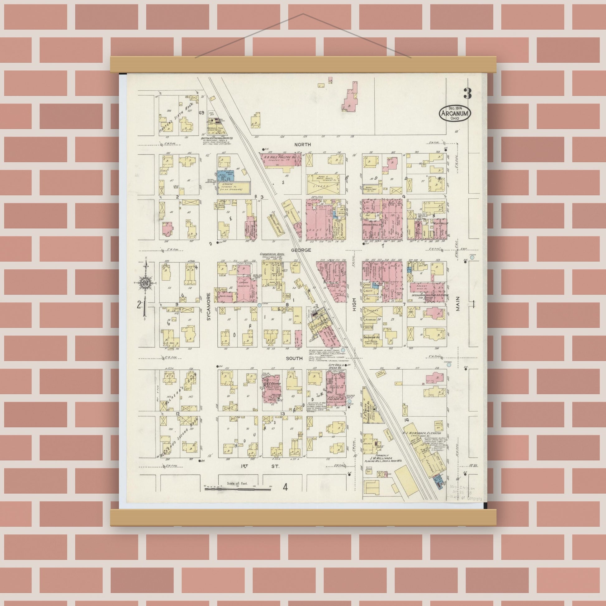 Old map wall art mockup — magnetic wood frame on brick wall — Sanborn Fire Insurance Map from Arcanum, Darke County, Ohio (1914), Sheet #0003
