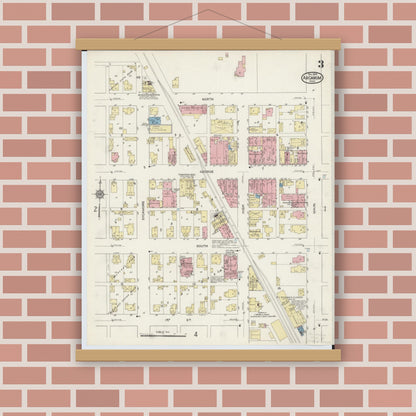 Old map wall art mockup — magnetic wood frame on brick wall — Sanborn Fire Insurance Map from Arcanum, Darke County, Ohio (1914), Sheet #0003