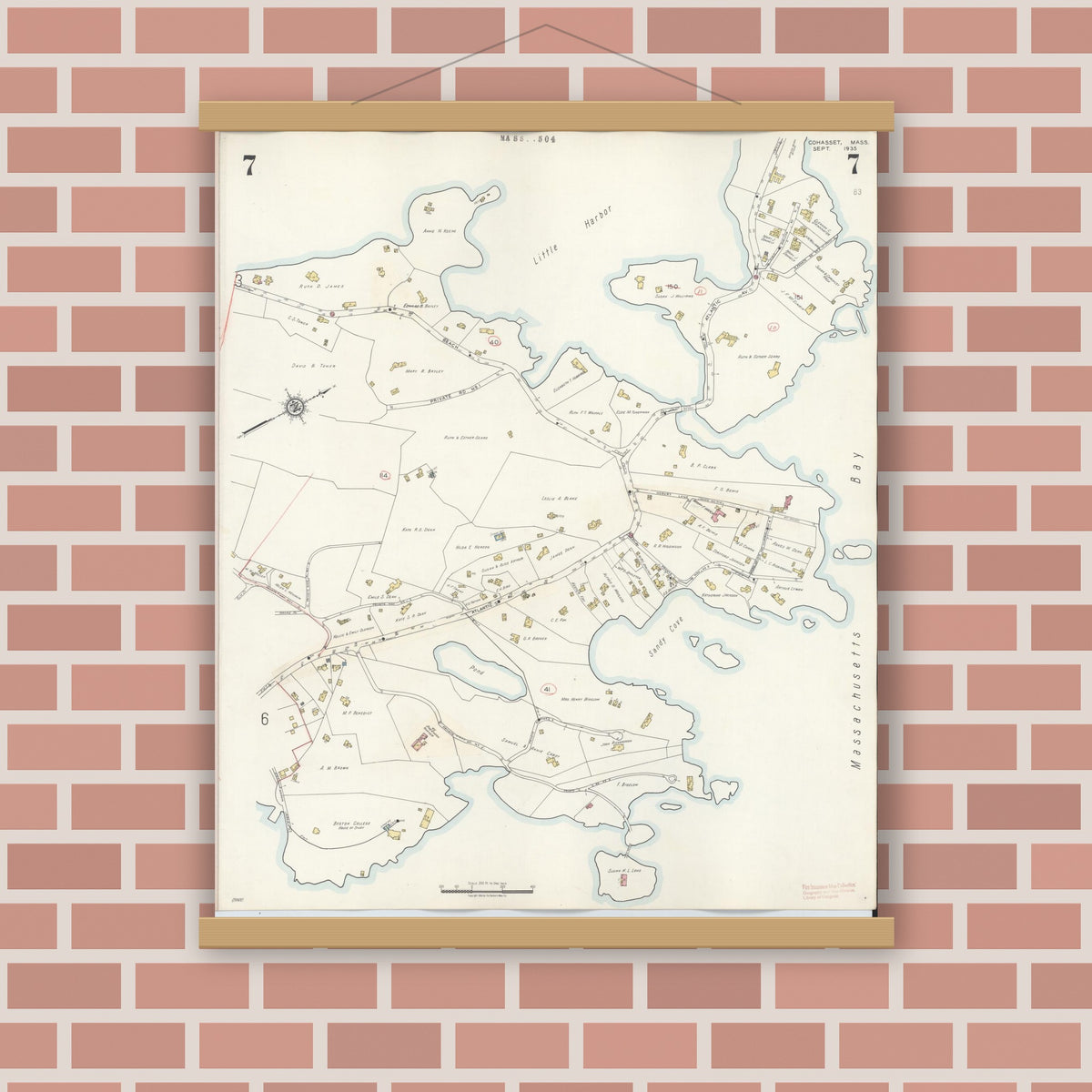 Old map wall art mockup — magnetic wood frame on brick wall — Sanborn Fire Insurance Map from Cohasset, Norfolk County, Massachusetts (1940), Sheet #0007