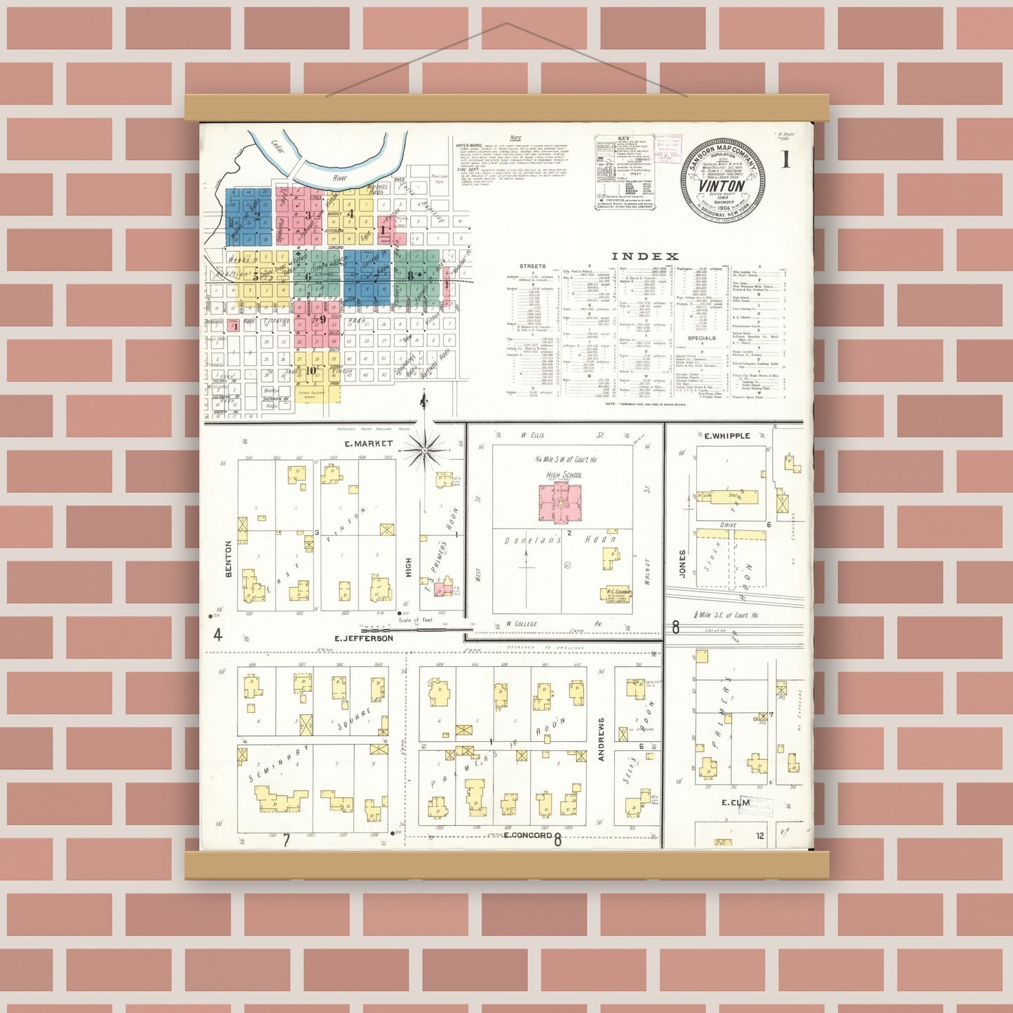 Old map wall art mockup — magnetic wood frame on brick wall — Sanborn Fire Insurance Map from Vinton, Benton County, Iowa (1906) â€” Complete Set