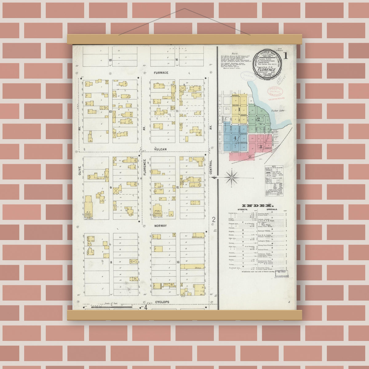 Old map wall art mockup — magnetic wood frame on brick wall — Sanborn Fire Insurance Map from Florence, Florence County, Wisconsin (1898), Sheet #0001