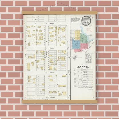 Old map wall art mockup — magnetic wood frame on brick wall — Sanborn Fire Insurance Map from Florence, Florence County, Wisconsin (1898), Sheet #0001