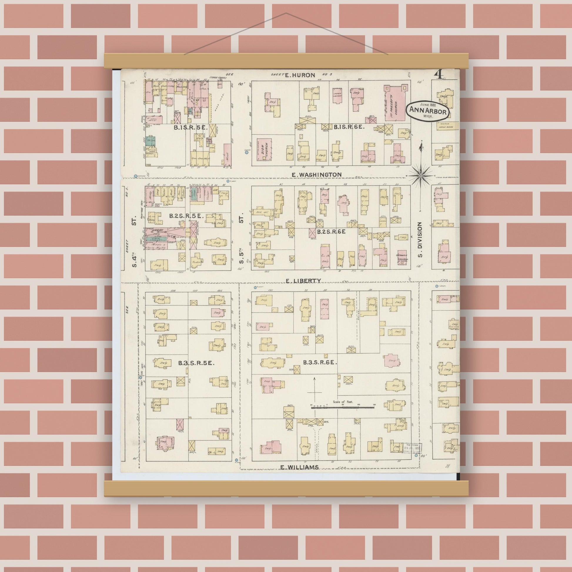 Old map wall art mockup — magnetic wood frame on brick wall — Sanborn Fire Insurance Map from Ann Arbor, Washtenaw County, Michigan (1888), Sheet #0004