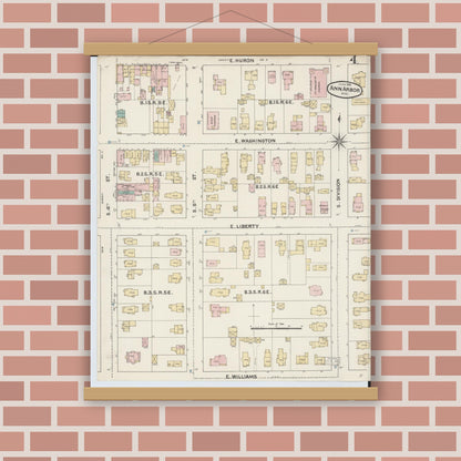 Old map wall art mockup — magnetic wood frame on brick wall — Sanborn Fire Insurance Map from Ann Arbor, Washtenaw County, Michigan (1888), Sheet #0004