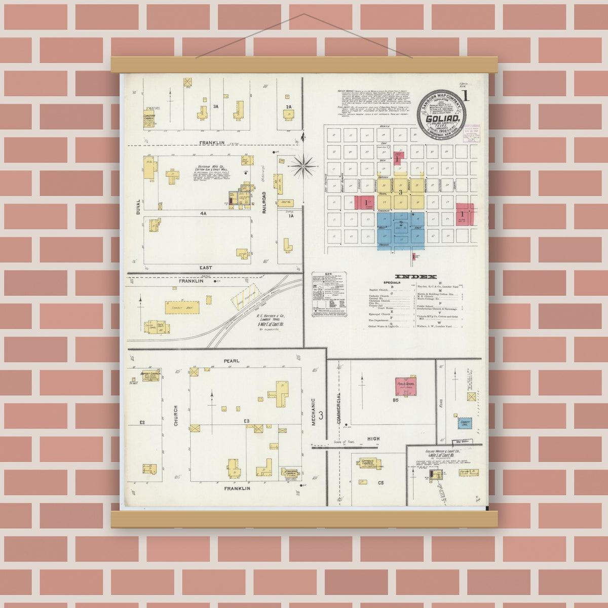 Old map wall art mockup — magnetic wood frame on brick wall — Sanborn Fire Insurance Map from Goliad, Goliad County, Texas (1906) - Complete Map Set