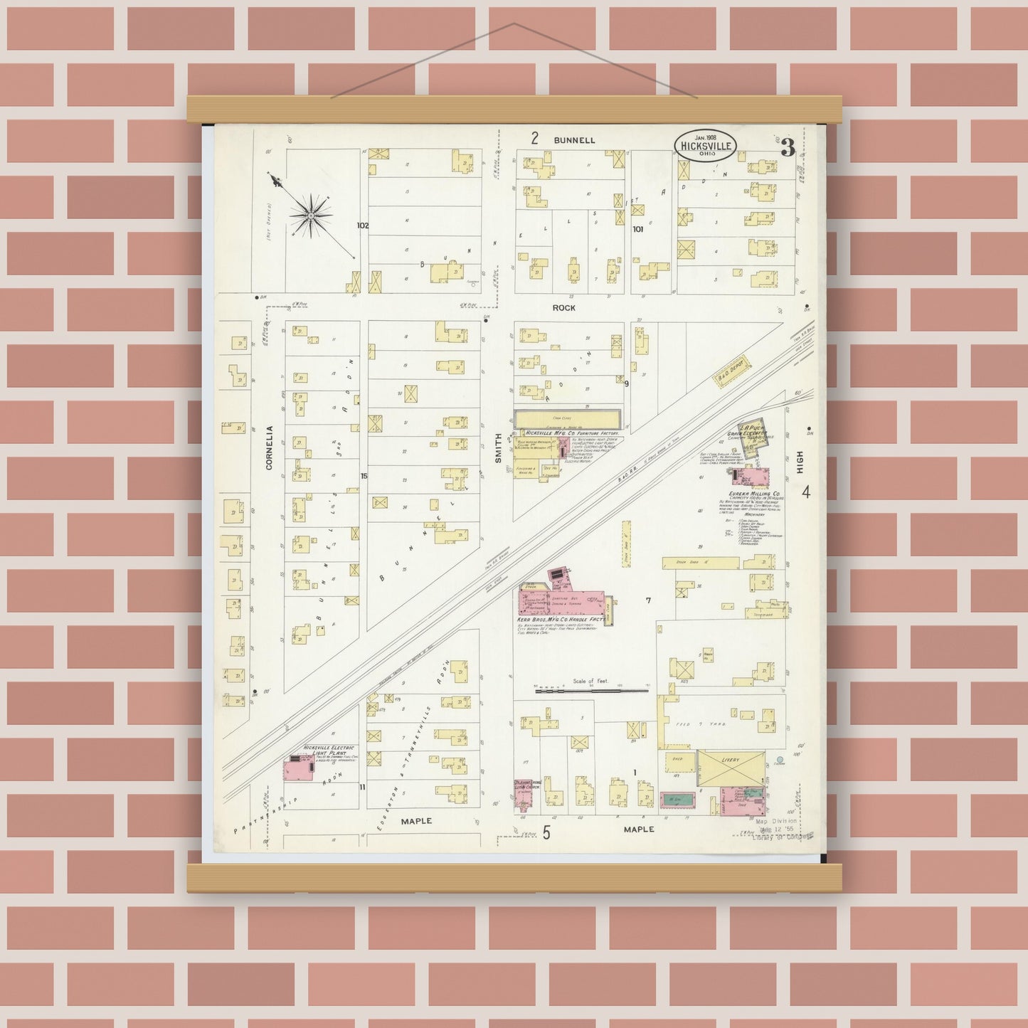 Old map wall art mockup — magnetic wood frame on brick wall — Sanborn Fire Insurance Map from Hicksville, Defiance County, Ohio (1908), Sheet #0003