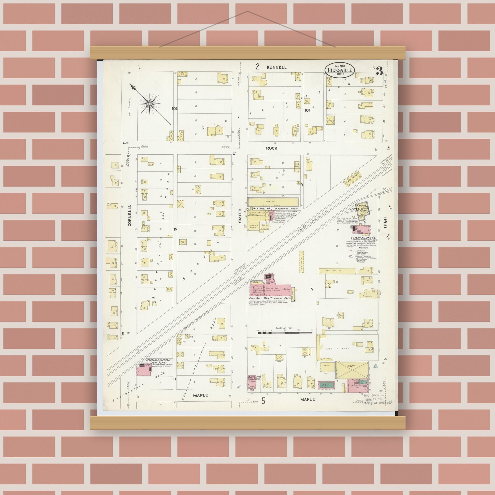Old map wall art mockup — magnetic wood frame on brick wall — Sanborn Fire Insurance Map from Hicksville, Defiance County, Ohio (1908), Sheet #0003
