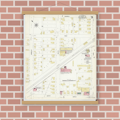 Old map wall art mockup — magnetic wood frame on brick wall — Sanborn Fire Insurance Map from Hicksville, Defiance County, Ohio (1908), Sheet #0003