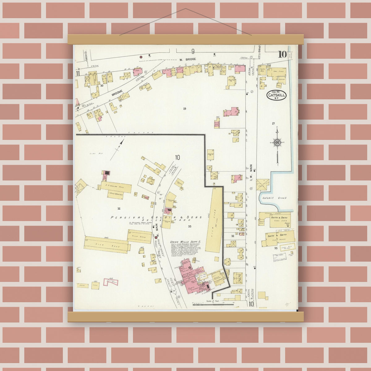 Old map wall art mockup — magnetic wood frame on brick wall — Sanborn Fire Insurance Map from Catskill, Greene County, New York (1912), Sheet #0010